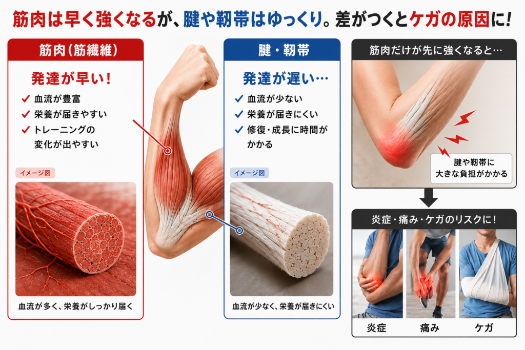 筋肉は早く発達し、腱や靭帯はゆっくり発達するため、筋力だけが先に向上するとケガのリスクが高まる