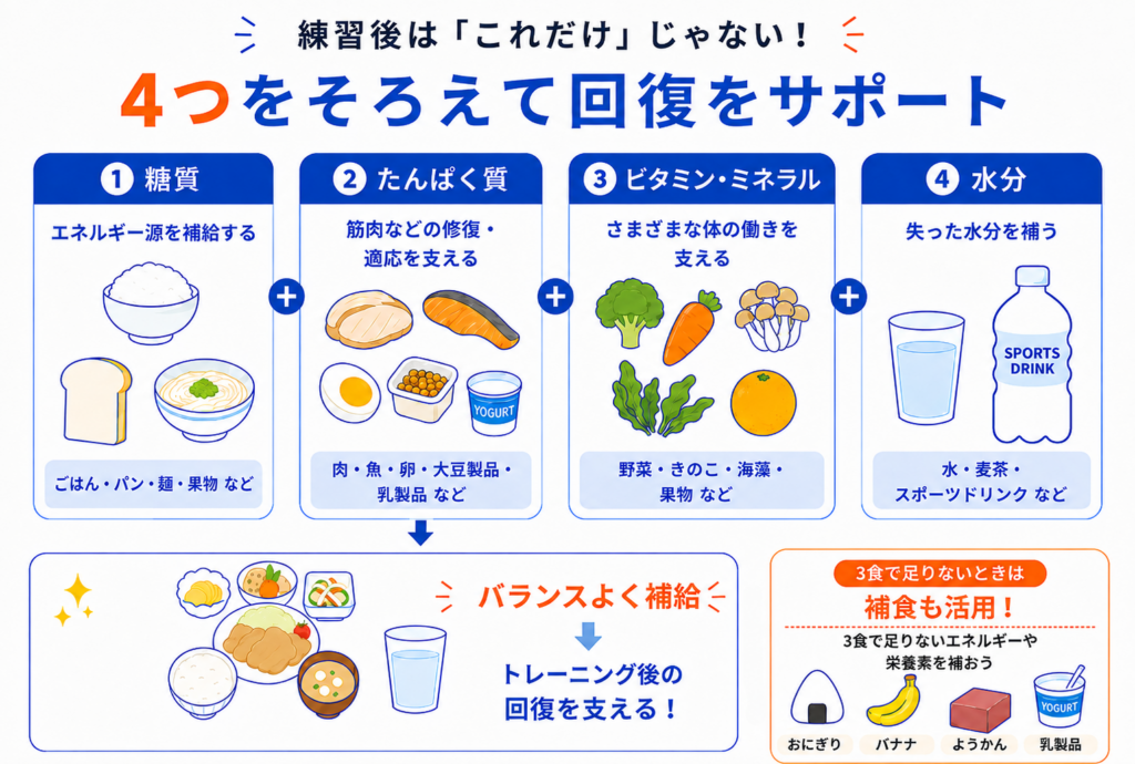 トレーニング後の回復を支える糖質・たんぱく質・ビタミンやミネラル・水分と補食の例