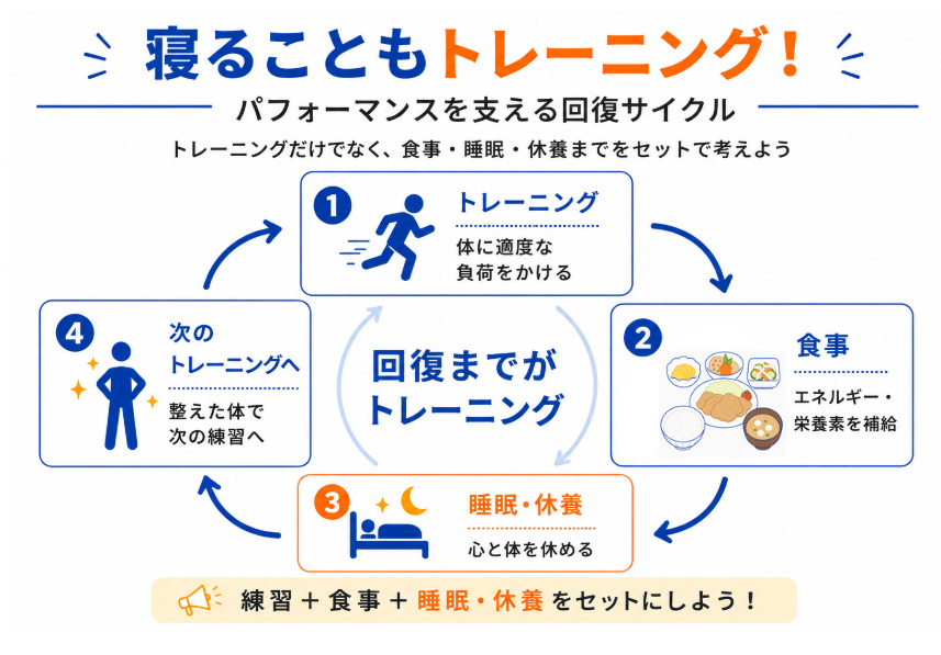 トレーニング、食事、睡眠・休養、次のトレーニングへと続くアスリートの回復サイクル。練習後に栄養を補給し、睡眠・休養で心と体を休める「回復までがトレーニング」という考え方を示した図。