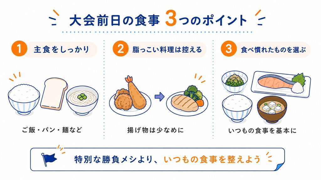 陸上の大会前日の食事で意識したい3つのポイント。主食をしっかり食べ、脂っこい料理を控え、食べ慣れたものを選ぶ。