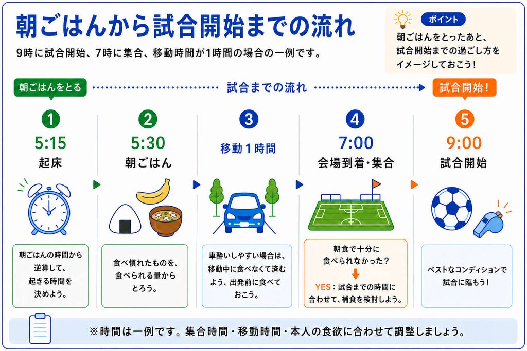 9時試合・7時集合・移動1時間の場合の朝ごはんから試合開始までのスケジュール例