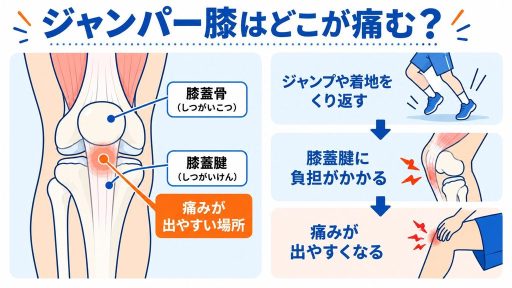 ジャンパー膝で痛みが出やすい膝蓋腱の位置と、ジャンプや着地の繰り返しで膝蓋腱に負担がかかる流れを示した図解
