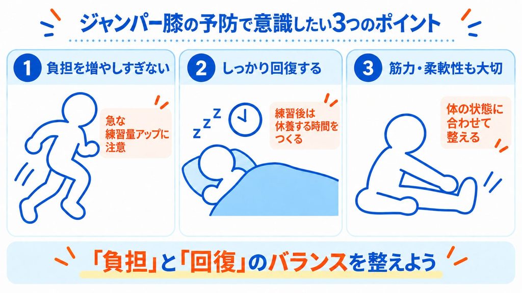 ジャンパー膝の予防で意識したい、練習による負担を増やしすぎないこと、休養、筋力・柔軟性の3つのポイントを示した図解