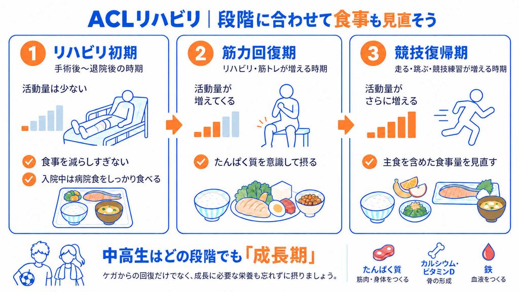 ACL(前十字靭帯)のリハビリ初期・筋力回復期・競技復帰期に合わせた食事のポイントを示す図解。初期は食事を減らしすぎず、筋力回復期はたんぱく質を意識し、競技復帰期は運動量に合わせて主食を含む食事量を見直す。中高生は成長に必要な栄養も大切。