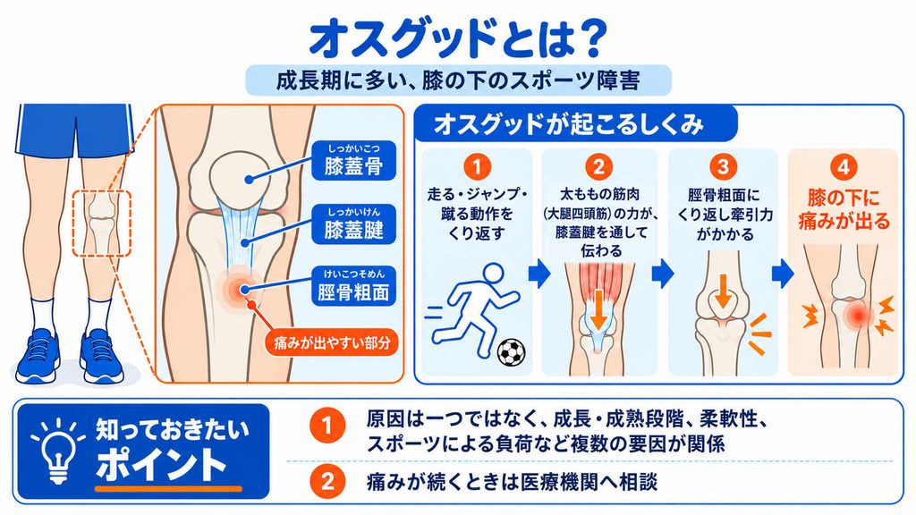 オスグッドで痛みが出やすい脛骨粗面の位置と、走る・ジャンプ・蹴る動作による牽引力を示した図解