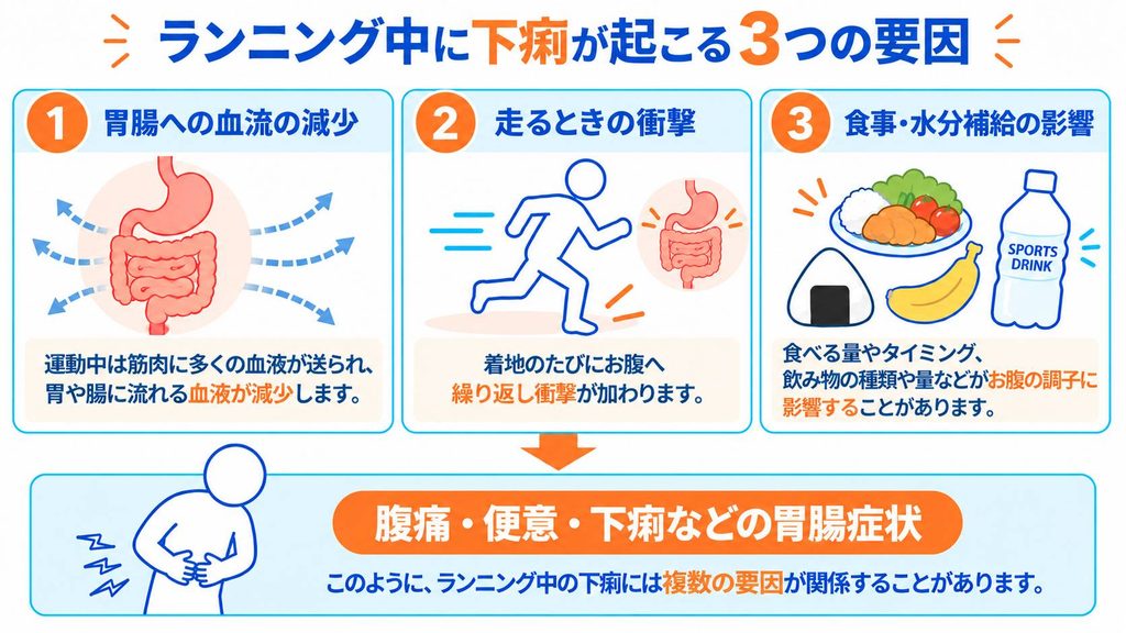 ランニング中の下痢に関係する3つの要因を示した図解。胃腸への血流の減少、走るときの繰り返しの衝撃、食事・水分補給の影響を紹介。