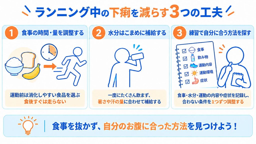 ランニング中の下痢を減らすための3つの工夫を示した図解。食事の時間や量の調整、水分をこまめに補給する方法、練習で食事や体調を記録して自分に合う方法を見つけることを紹介。
