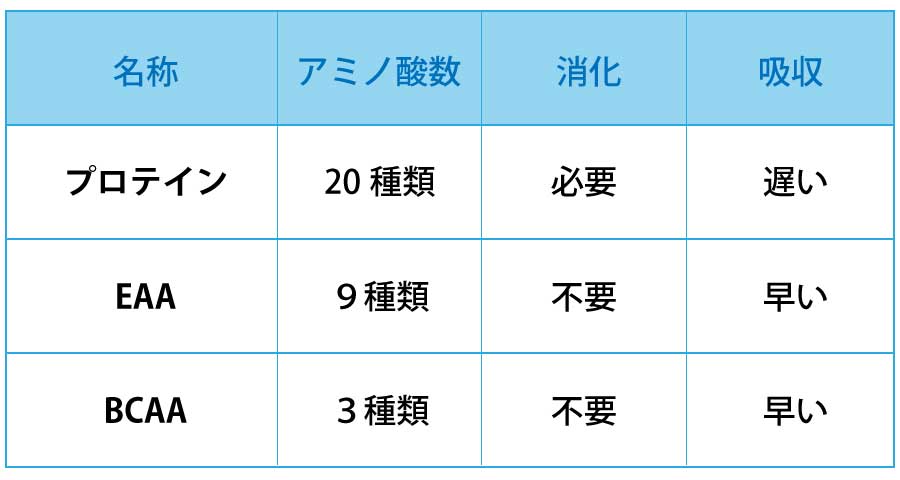 プロテイン、EAA、BCAAの違い